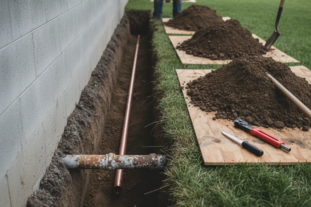 Excavated water line trench during Water Heater Repair in Biglerville
